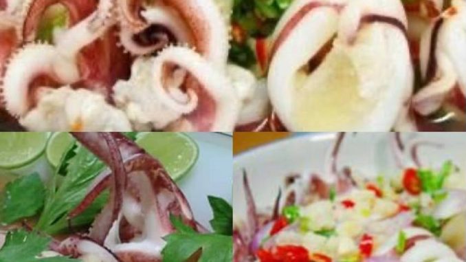 Sotong kukus Thai disiram sos limau pedas bersama daun ketumbar dan pudina