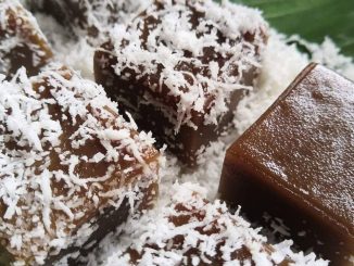 Kuih kaswi gula merah lembut bergoyang disalut kelapa muda parut