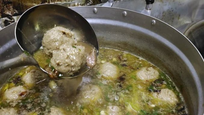 Semangkuk sup daging berempah dengan daun sup dan bawang goreng, disajikan panas