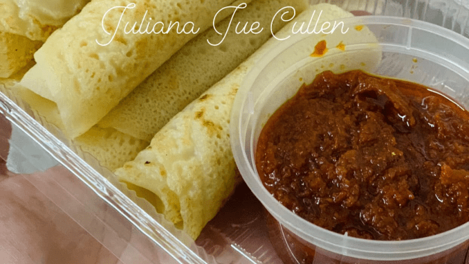 Lempeng gandum lembut dimakan bersama sambal ikan bilis pedas manis.