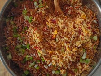 Nasi goreng cili kering pedas dengan telur, ikan bilis goreng, bawang goreng dan daun sup, disajikan di atas pinggan putih.